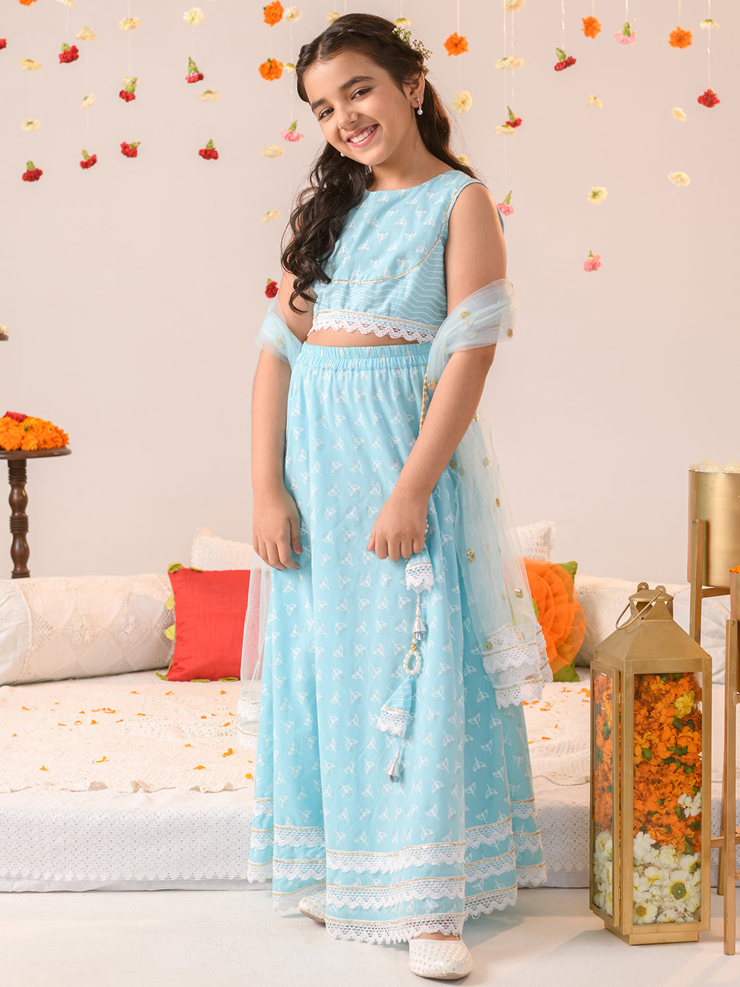 Girls Printed Ready to Wear Lehenga & Blouse With Dupatta (L-BLUEKHADDI)