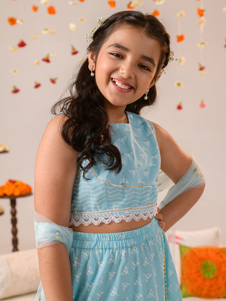 Girls Printed Ready to Wear Lehenga & Blouse With Dupatta (L-BLUEKHADDI)