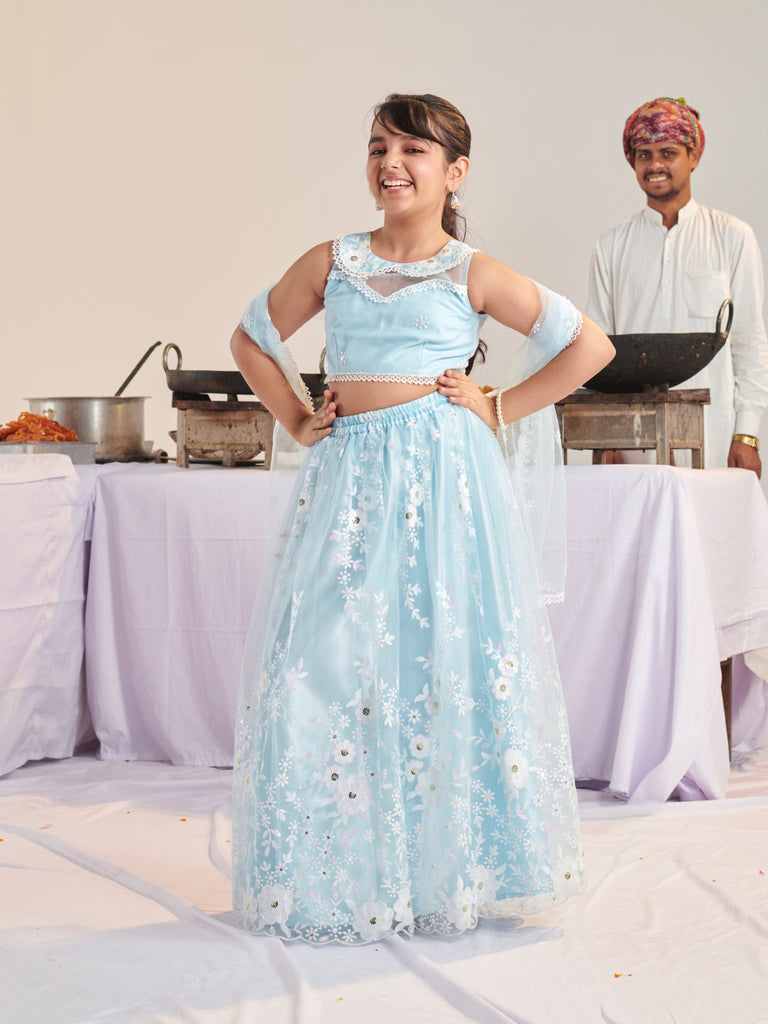 Girls Printed Ready To Wear Lehenga & Blouse With Dupatta (L-BLUENETEMB)