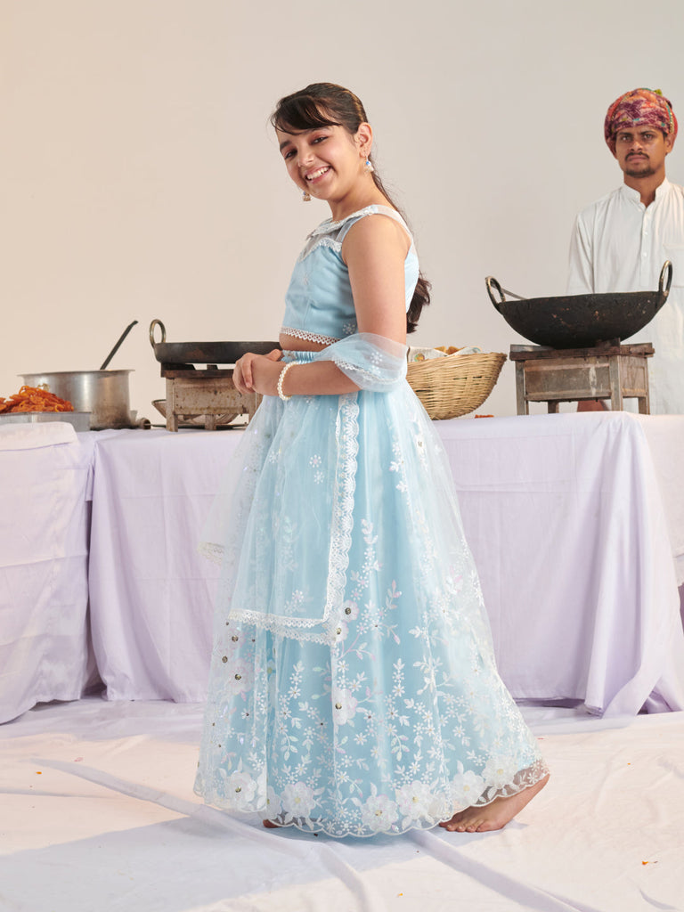 Girls Printed Ready To Wear Lehenga & Blouse With Dupatta (L-BLUENETEMB)