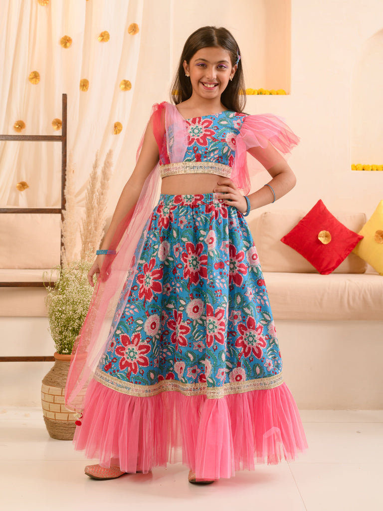 Girls Printed Ready to Wear Lehenga & Blouse With Dupatta (L-BLUEPINKFLOWER)