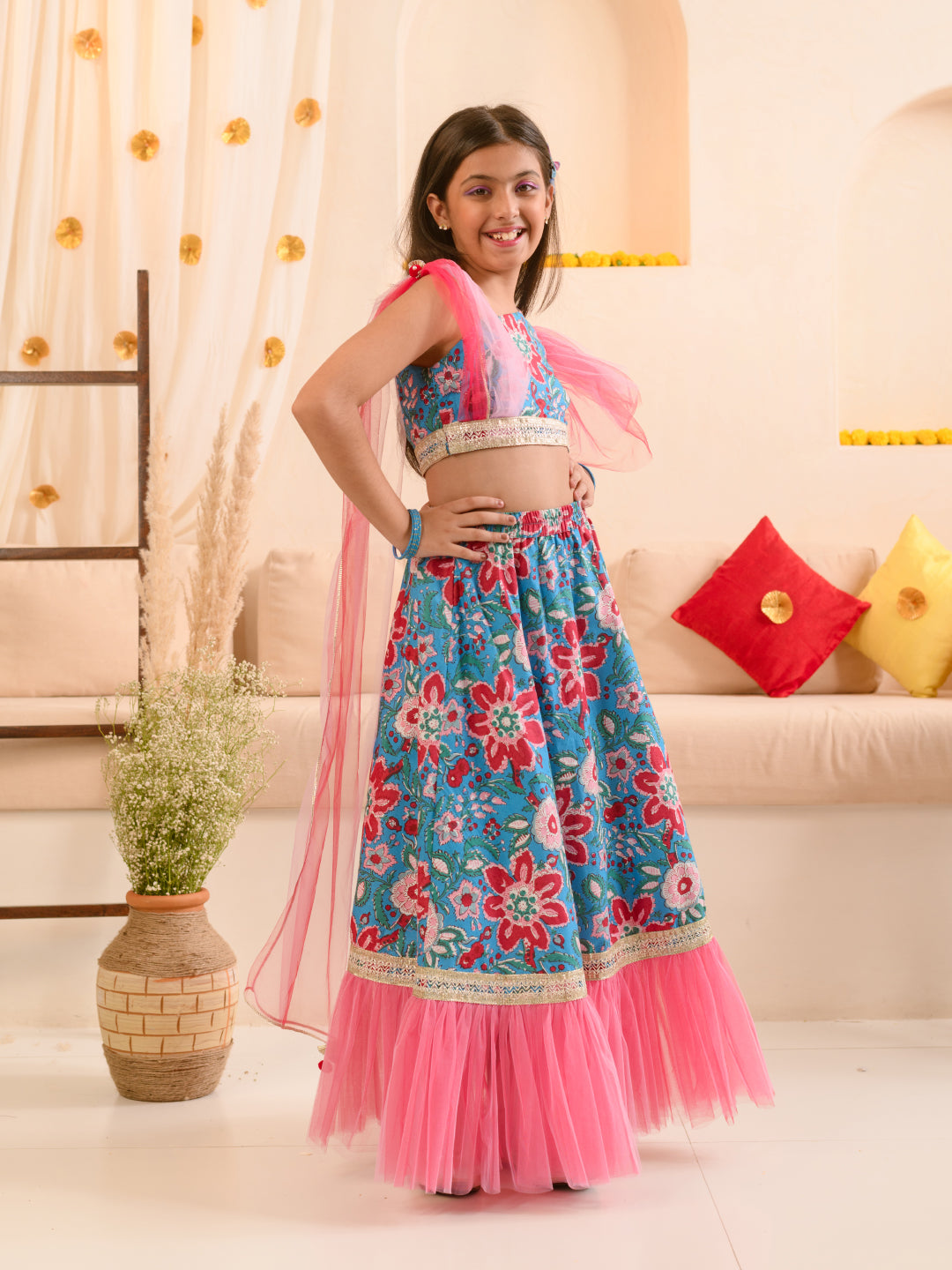 Girls Printed Ready to Wear Lehenga & Blouse With Dupatta (L-BLUEPINKFLOWER)