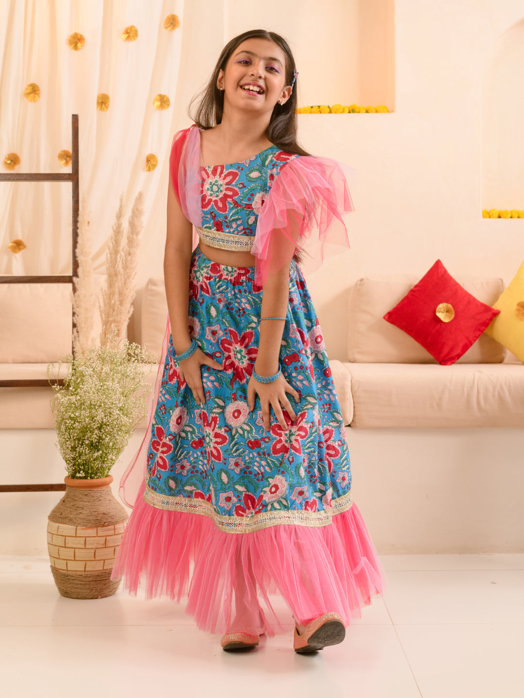 Girls Printed Ready to Wear Lehenga & Blouse With Dupatta (L-BLUEPINKFLOWER)