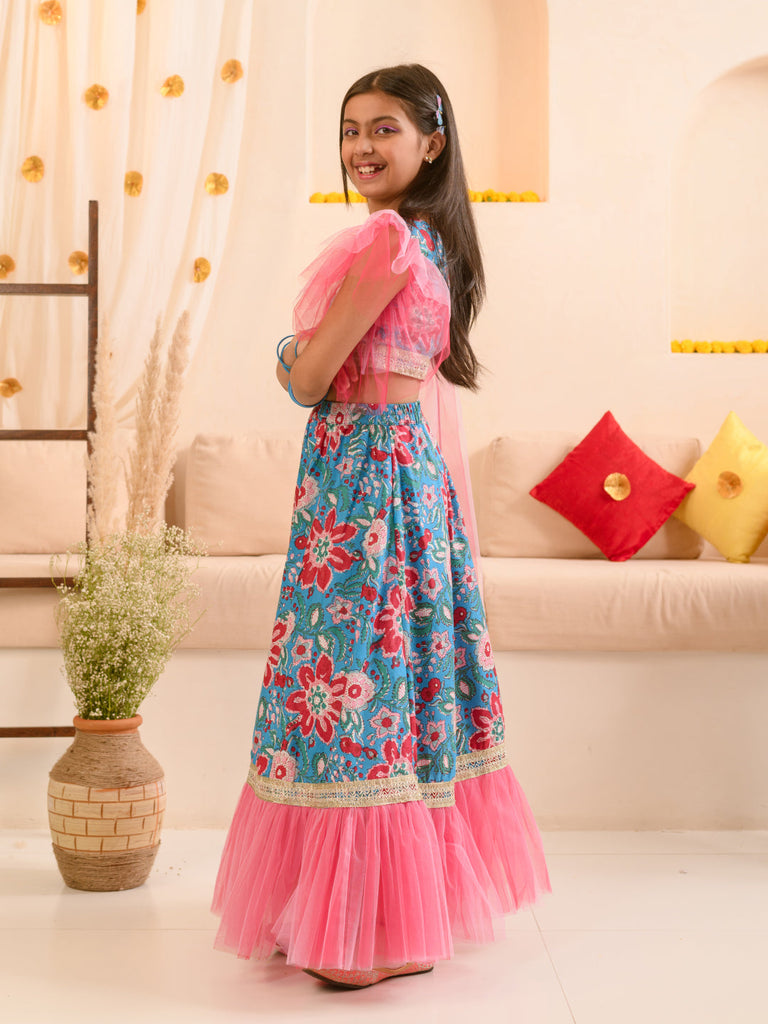 Girls Printed Ready to Wear Lehenga & Blouse With Dupatta (L-BLUEPINKFLOWER)