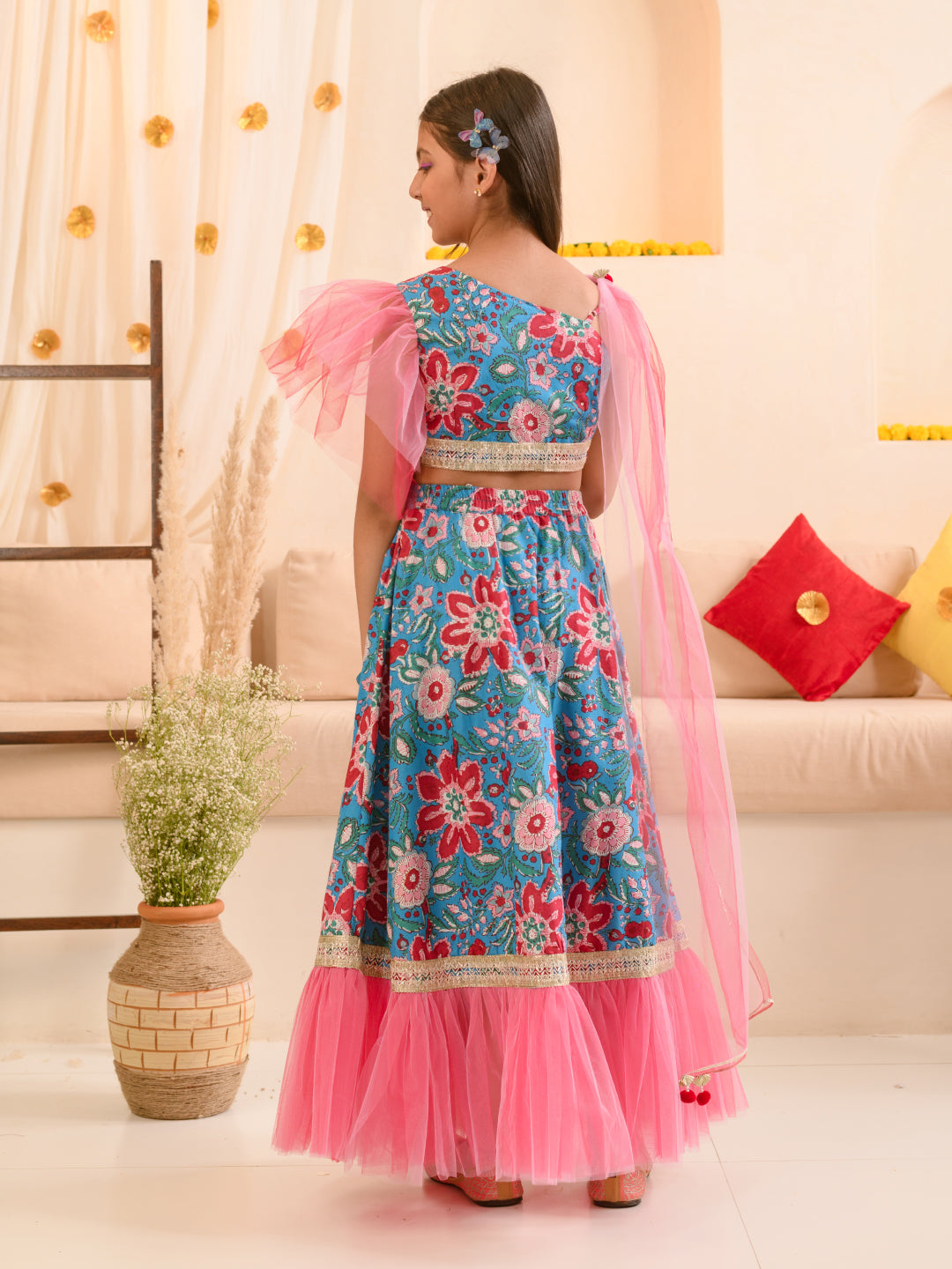 Girls Printed Ready to Wear Lehenga & Blouse With Dupatta (L-BLUEPINKFLOWER)
