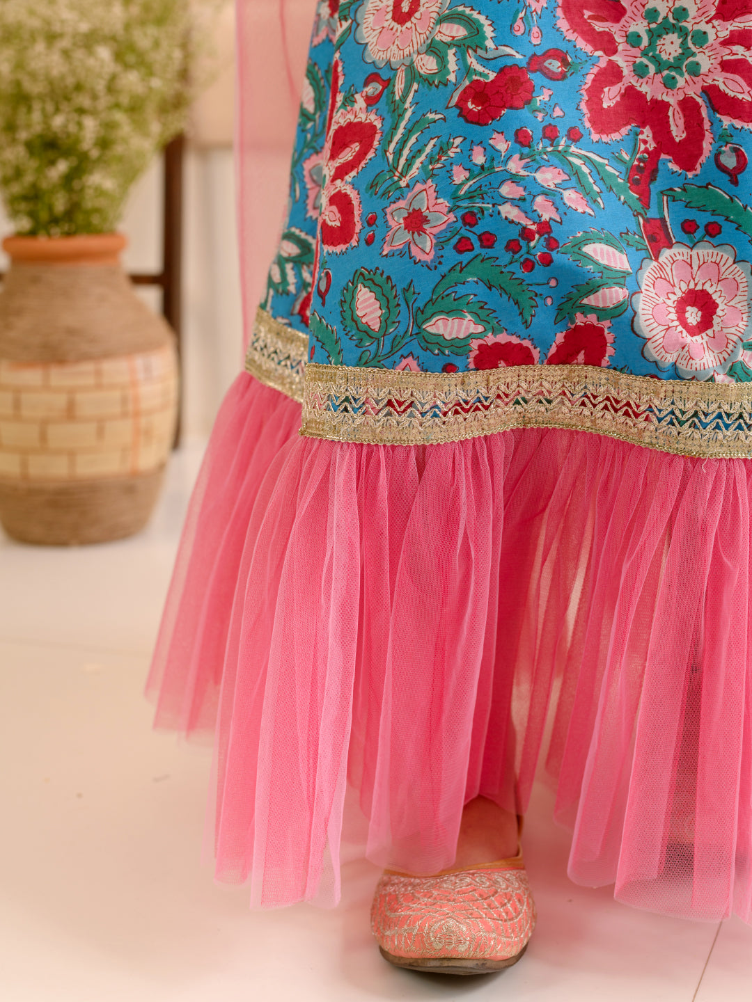 Girls Printed Ready to Wear Lehenga & Blouse With Dupatta (L-BLUEPINKFLOWER)
