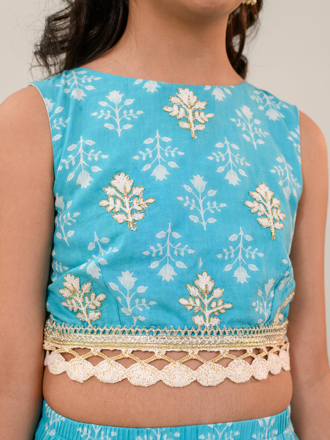 Girls Printed Thread Work Ready to Wear Lehenga & Blouse With Dupatta (L-BLUESTRIPE)