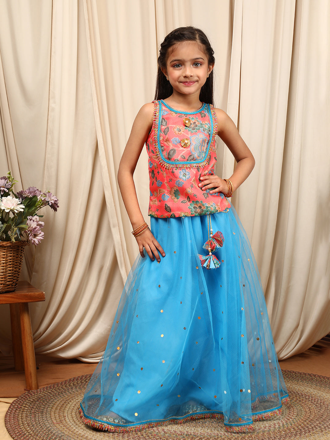 Girls Printed Thread Work Ready to Wear Lehenga & Blouse With Dupatta (L-BLUETIKLI)
