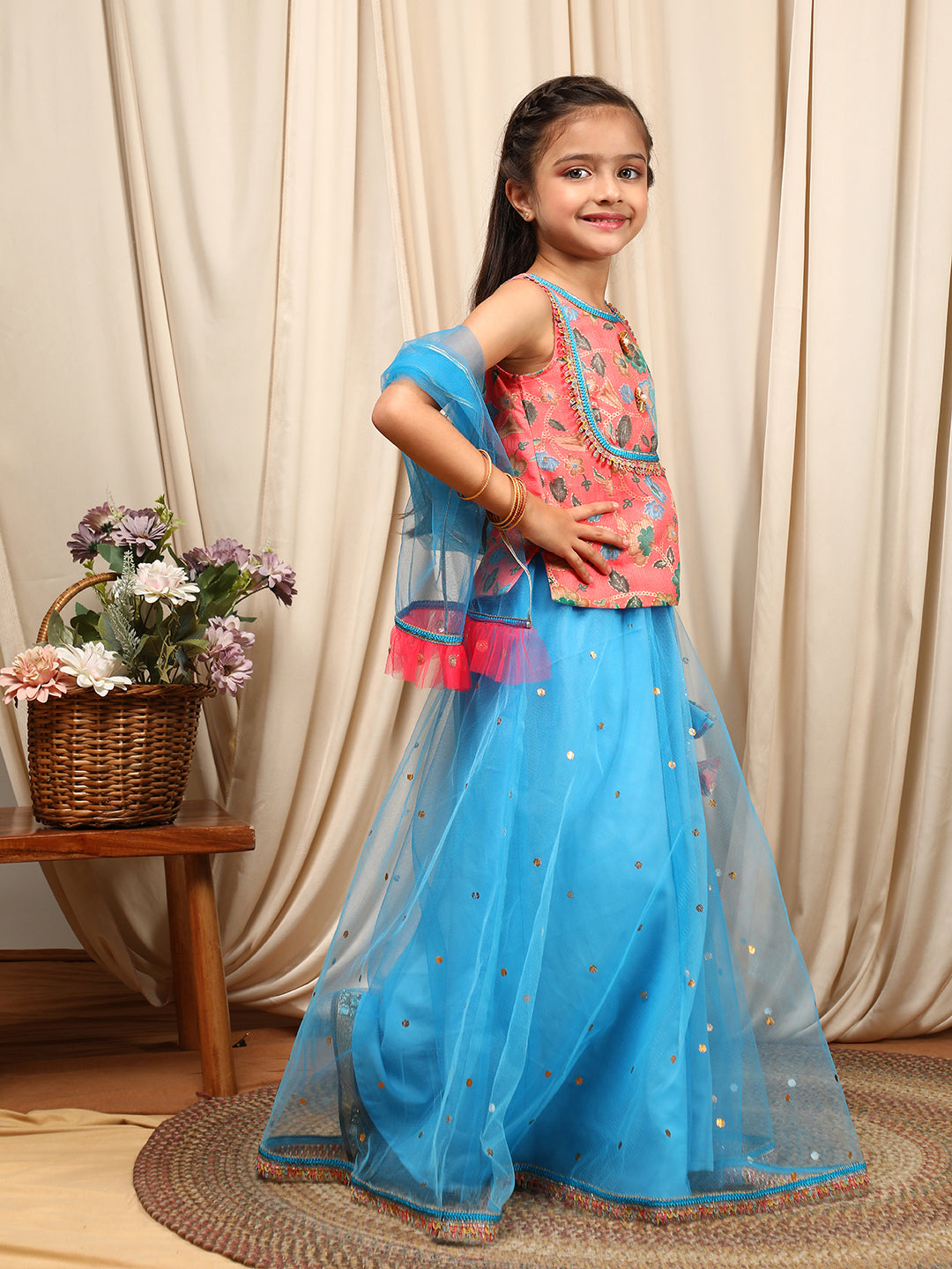 Girls Printed Thread Work Ready to Wear Lehenga & Blouse With Dupatta (L-BLUETIKLI)
