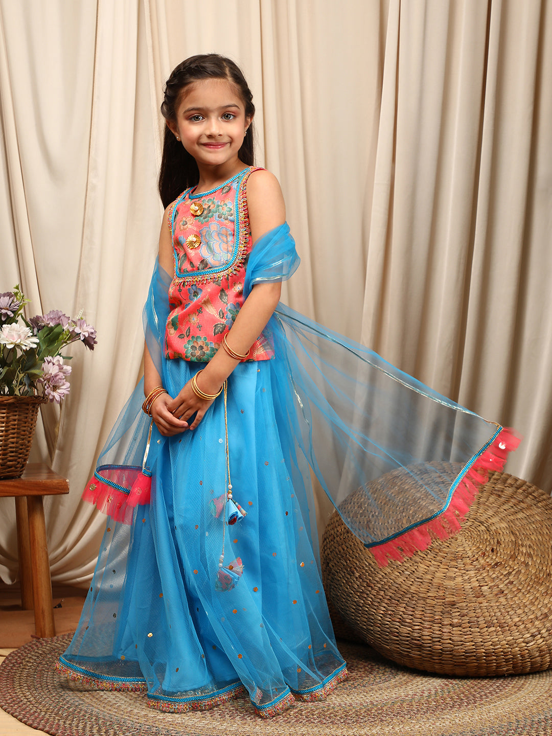 Girls Printed Thread Work Ready to Wear Lehenga & Blouse With Dupatta (L-BLUETIKLI)