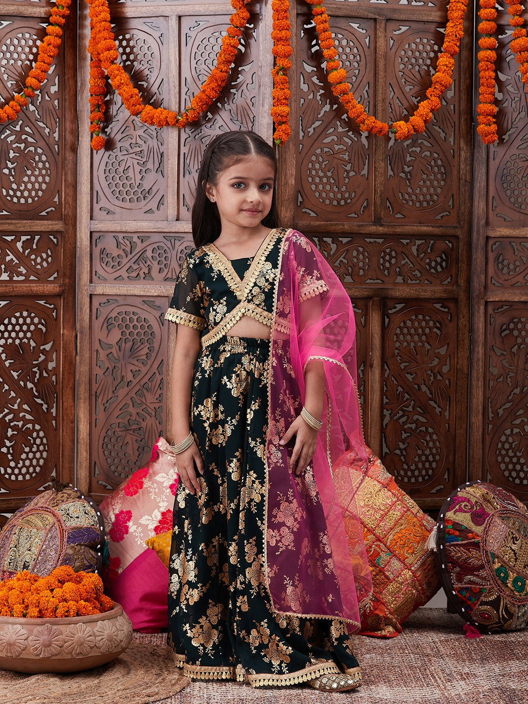 Pspeaches Girls Foil Printed Ready To Wear Lehenga Choli With Dupatta (L-BOTTLEGREENFOIL)