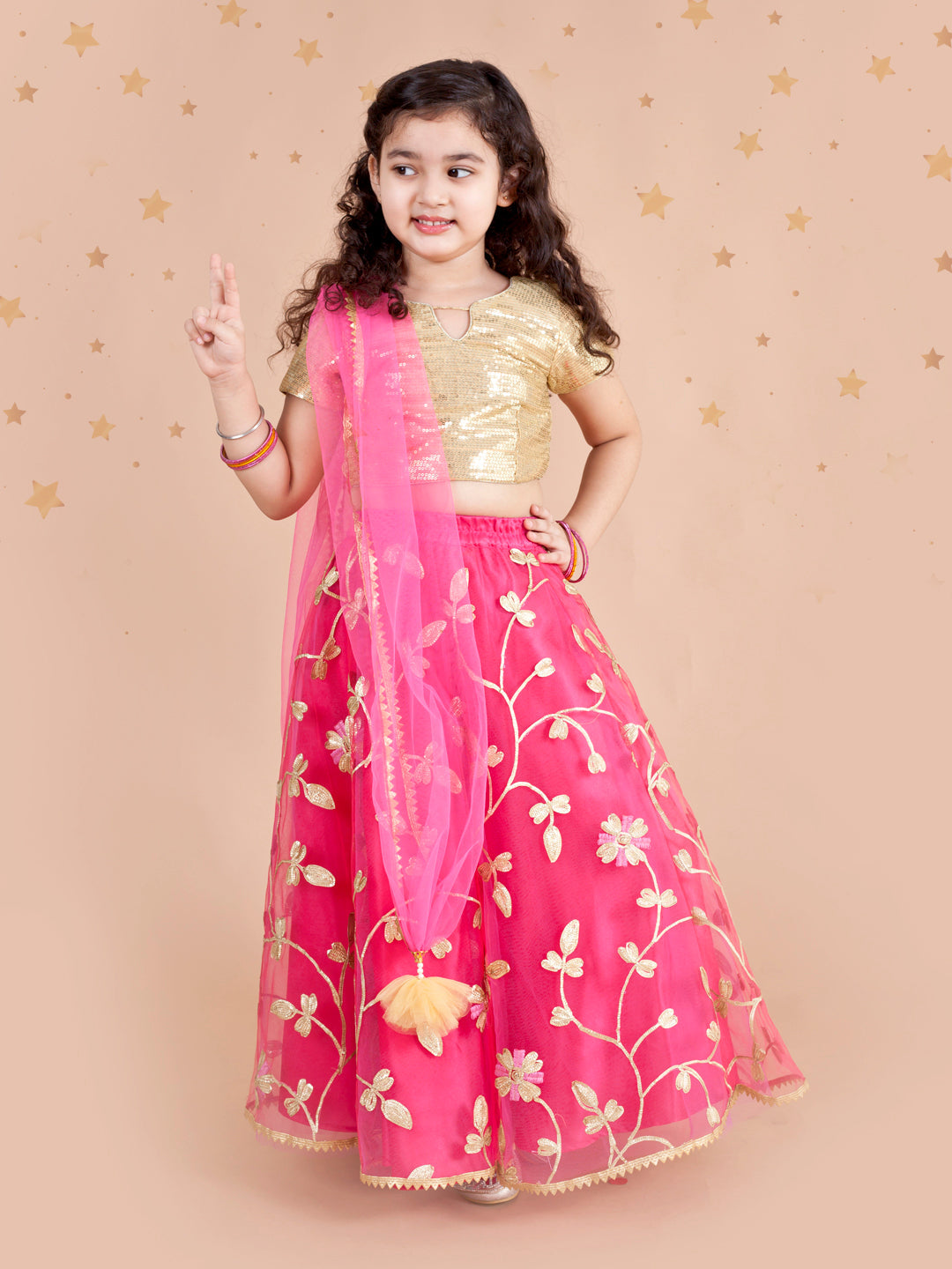 Girls Fuchsia Gold-Toned Embellished Ready To Wear Lehenga Blouse With Dupatta (L-Fuschiagota)
