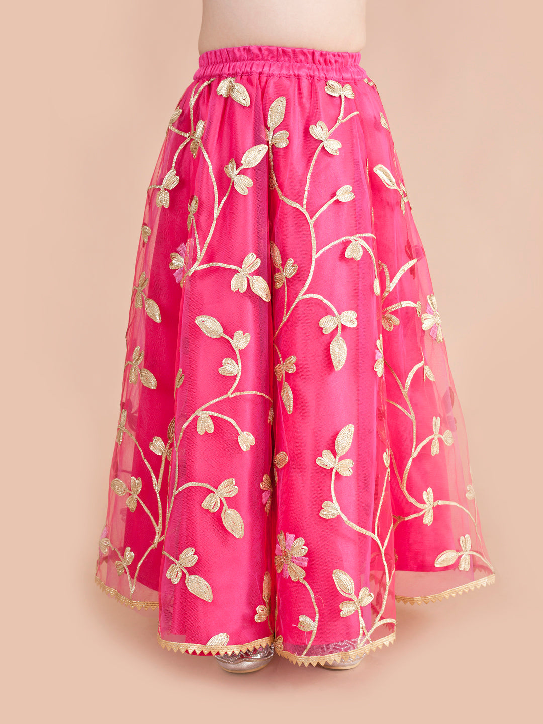 Girls Fuchsia Gold-Toned Embellished Ready To Wear Lehenga Blouse With Dupatta (L-Fuschiagota)