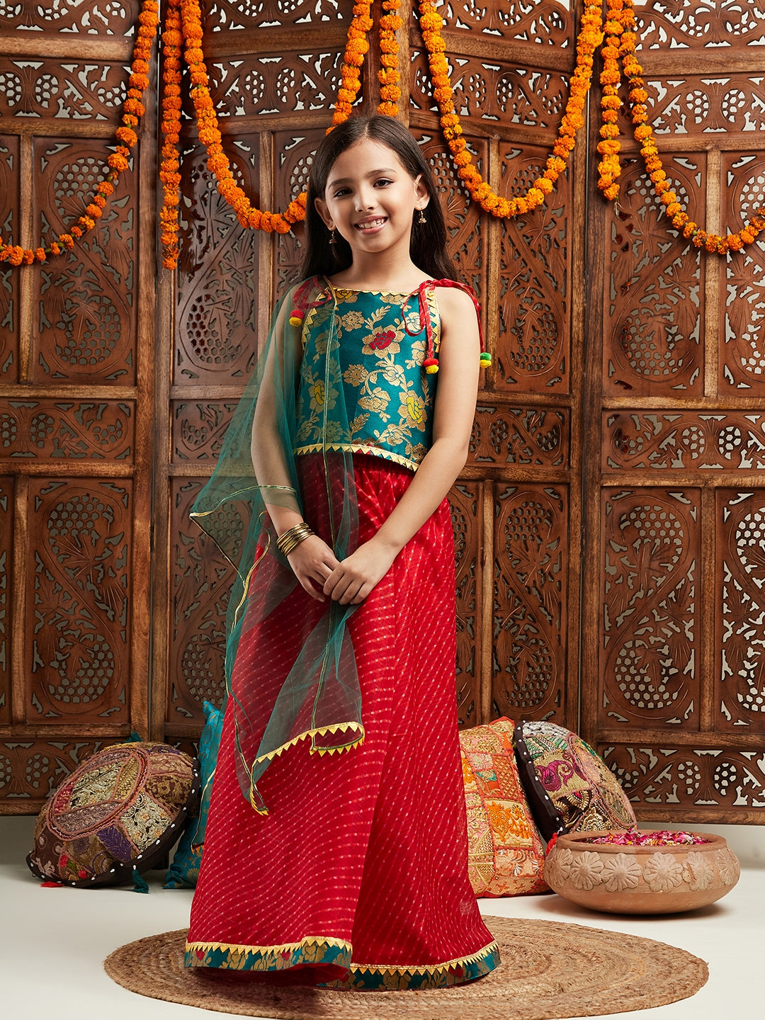 Pspeaches Girls Printed Shoulder Straps Ready to Wear Lehenga & Blouse With Dupatta (L-GREENBROCADE)