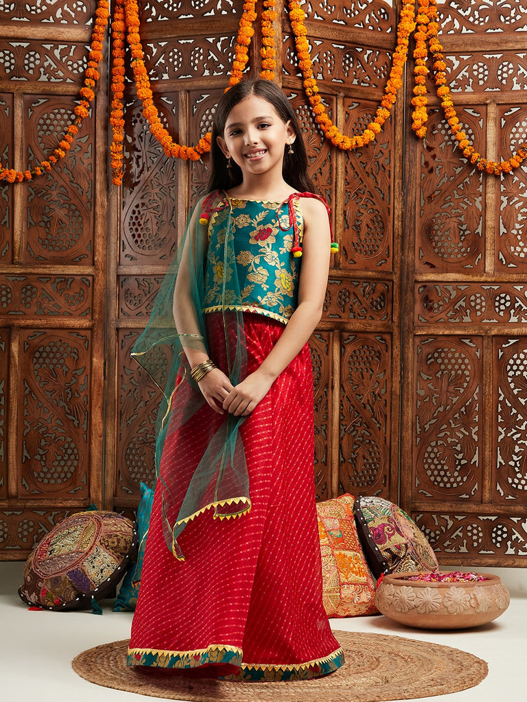 Pspeaches Girls Printed Shoulder Straps Ready to Wear Lehenga & Blouse With Dupatta (L-GREENBROCADE)