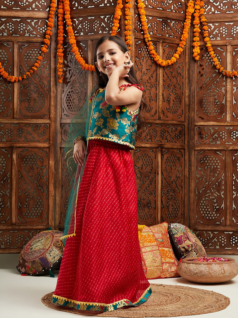 Pspeaches Girls Printed Shoulder Straps Ready to Wear Lehenga & Blouse With Dupatta (L-GREENBROCADE)
