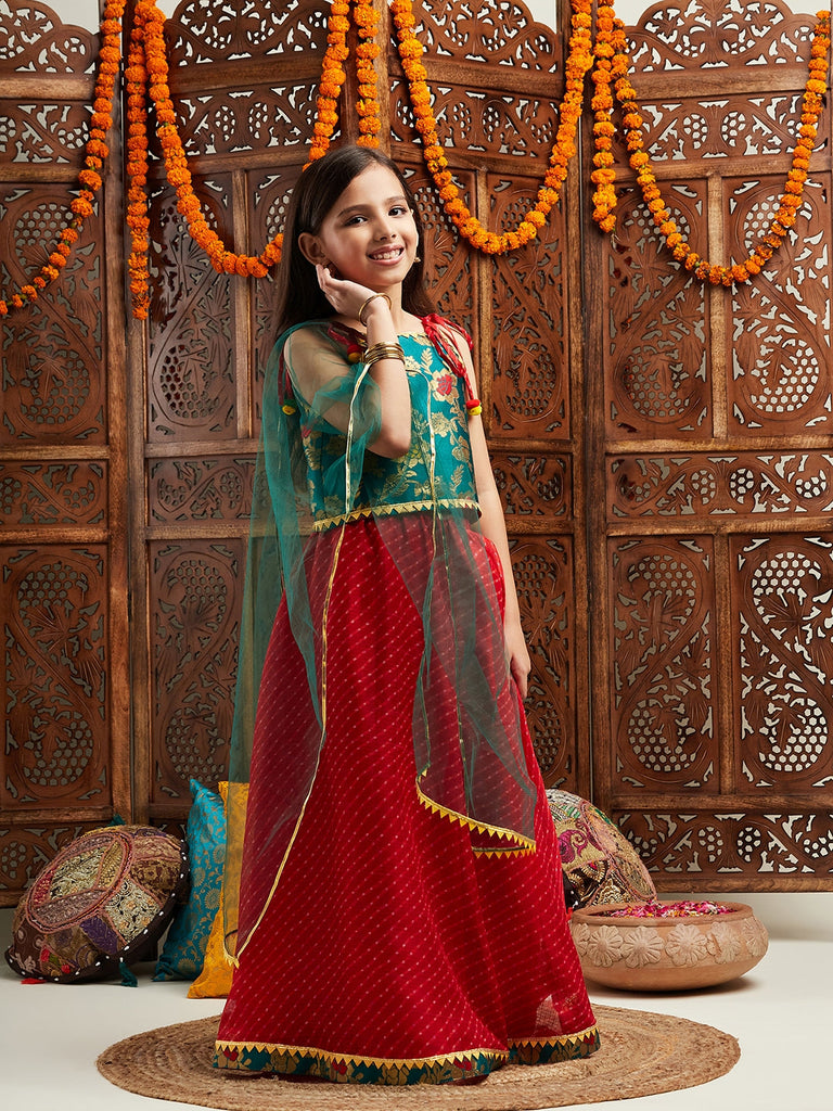 Pspeaches Girls Printed Shoulder Straps Ready to Wear Lehenga & Blouse With Dupatta (L-GREENBROCADE)