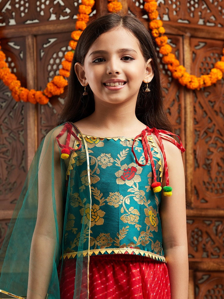 Pspeaches Girls Printed Shoulder Straps Ready to Wear Lehenga & Blouse With Dupatta (L-GREENBROCADE)