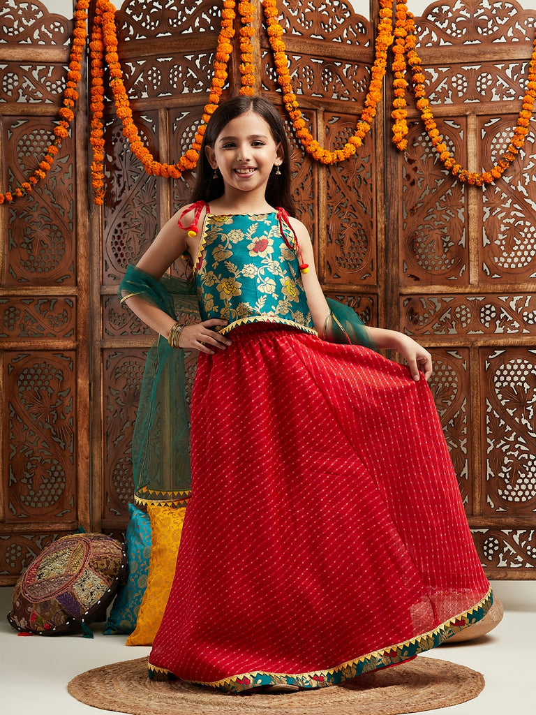 Pspeaches Girls Printed Shoulder Straps Ready to Wear Lehenga & Blouse With Dupatta (L-GREENBROCADE)