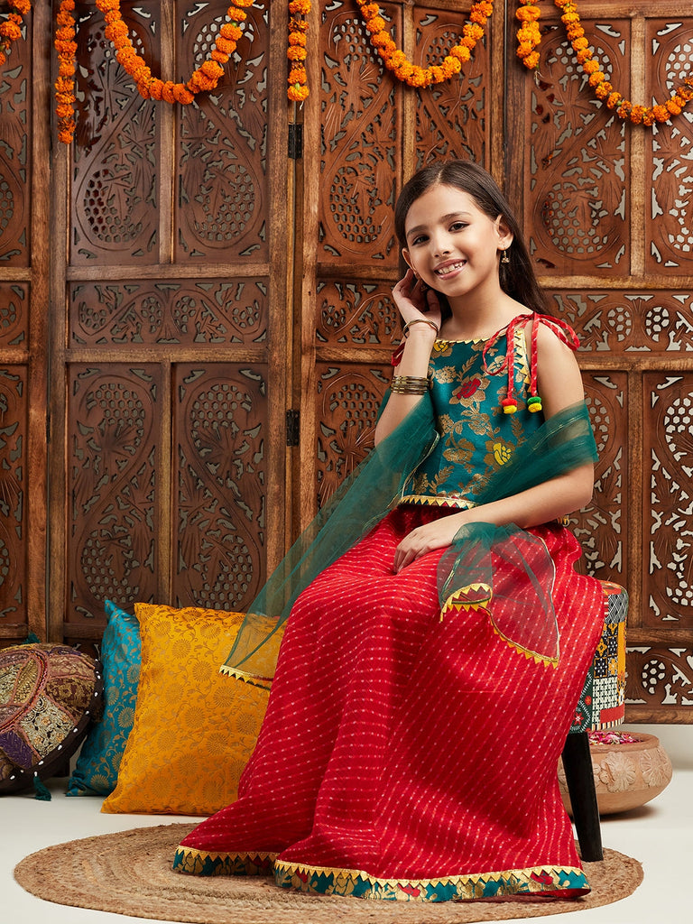 Pspeaches Girls Printed Shoulder Straps Ready to Wear Lehenga & Blouse With Dupatta (L-GREENBROCADE)