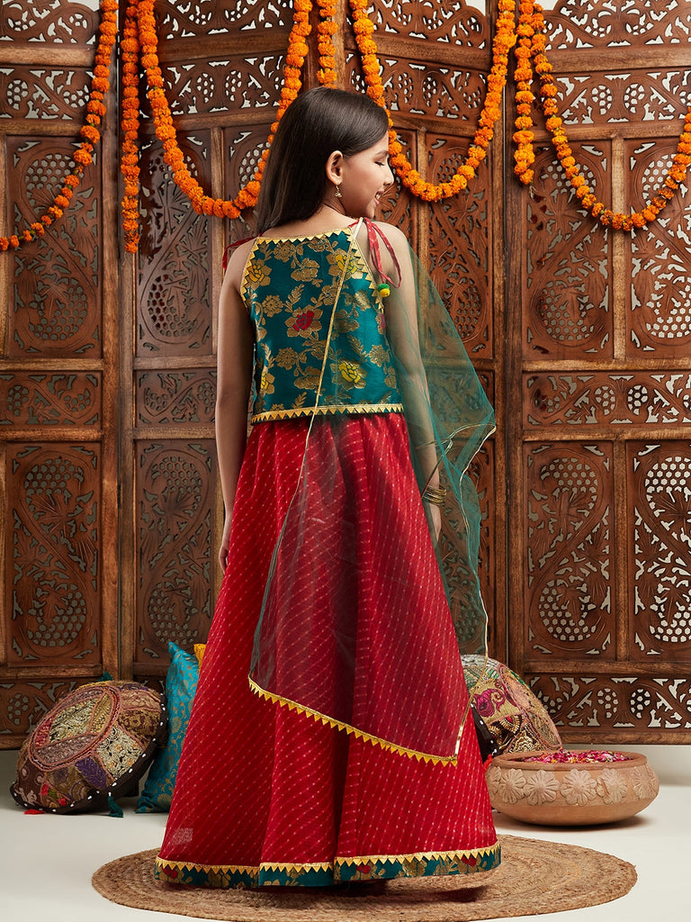 Pspeaches Girls Printed Shoulder Straps Ready to Wear Lehenga & Blouse With Dupatta (L-GREENBROCADE)