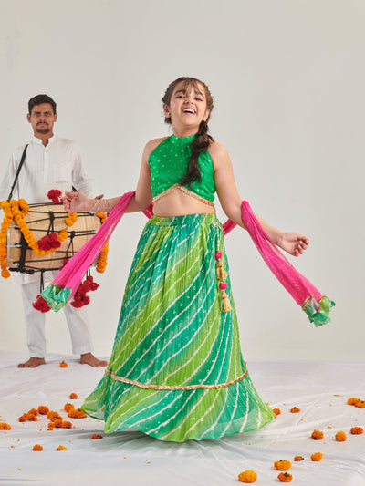 Girls Printed Ready To Wear Lehenga & Blouse With Dupatta (L-GREENMULTICRINKLE)