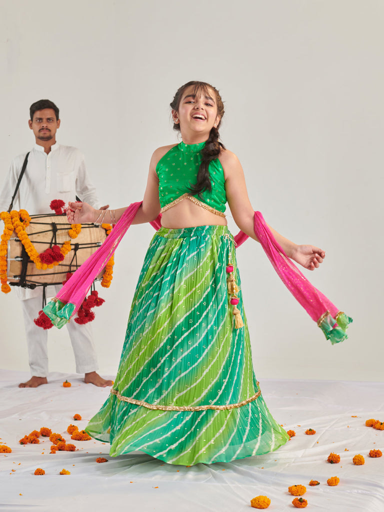 Girls Printed Ready To Wear Lehenga & Blouse With Dupatta (L-GREENMULTICRINKLE)