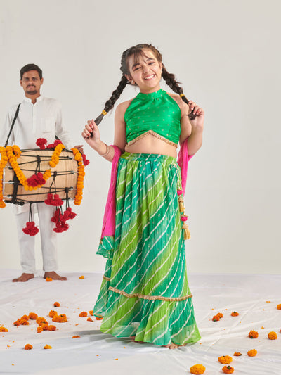 Girls Printed Ready To Wear Lehenga & Blouse With Dupatta (L-GREENMULTICRINKLE)