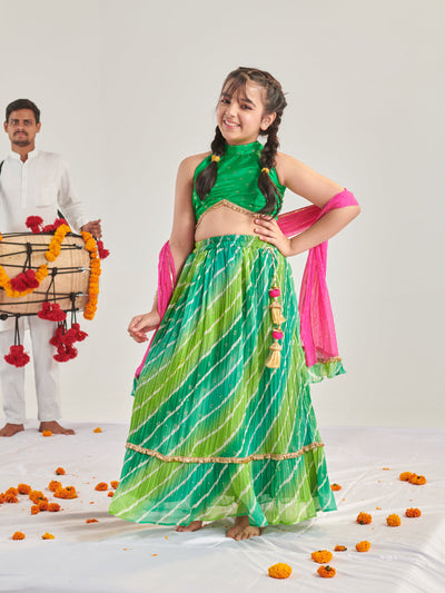 Girls Printed Ready To Wear Lehenga & Blouse With Dupatta (L-GREENMULTICRINKLE)