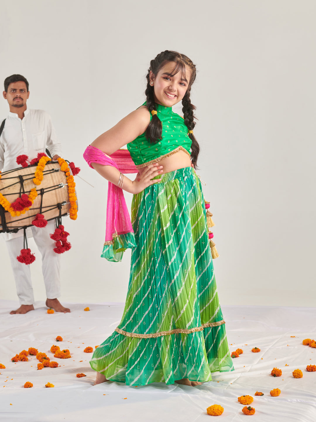 Girls Printed Ready To Wear Lehenga & Blouse With Dupatta (L-GREENMULTICRINKLE)