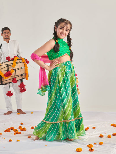 Girls Printed Ready To Wear Lehenga & Blouse With Dupatta (L-GREENMULTICRINKLE)