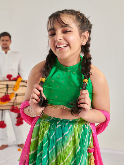 Girls Printed Ready To Wear Lehenga & Blouse With Dupatta (L-GREENMULTICRINKLE)