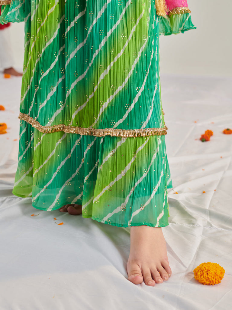 Girls Printed Ready To Wear Lehenga & Blouse With Dupatta (L-GREENMULTICRINKLE)