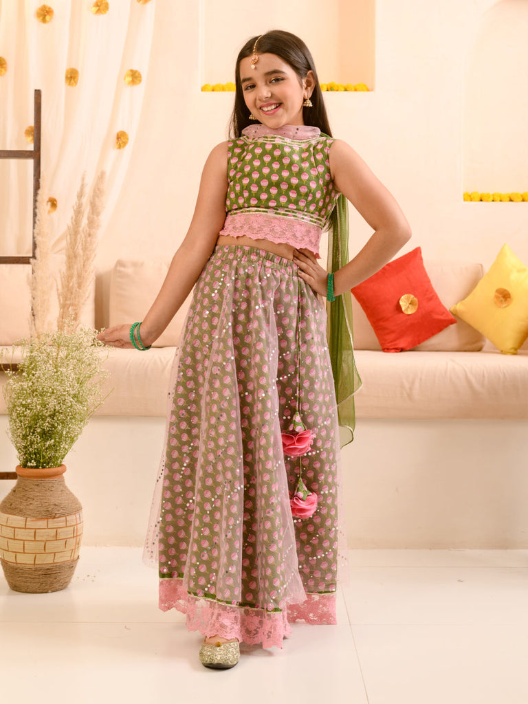 Girls Printed Ready to Wear Lehenga & Blouse With Dupatta (L-GREENPINK)