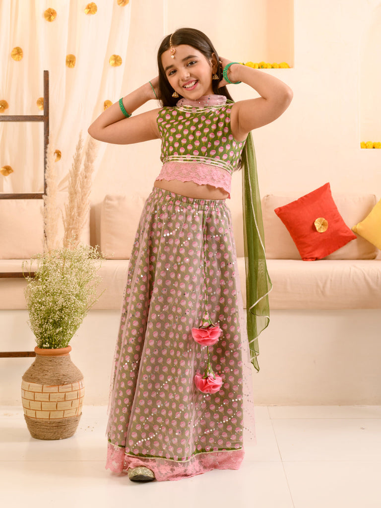 Girls Printed Ready to Wear Lehenga & Blouse With Dupatta (L-GREENPINK)
