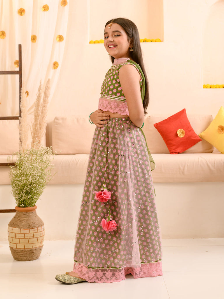 Girls Printed Ready to Wear Lehenga & Blouse With Dupatta (L-GREENPINK)