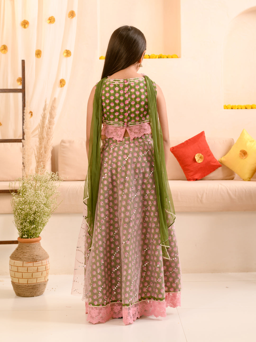 Girls Printed Ready to Wear Lehenga & Blouse With Dupatta (L-GREENPINK)