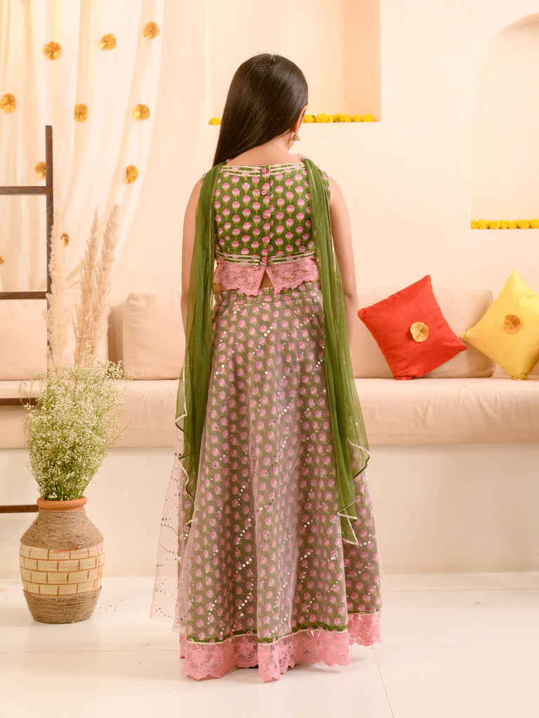 Girls Printed Ready to Wear Lehenga & Blouse With Dupatta (L-GREENPINK)
