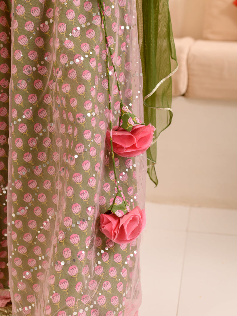 Girls Printed Ready to Wear Lehenga & Blouse With Dupatta (L-GREENPINK)