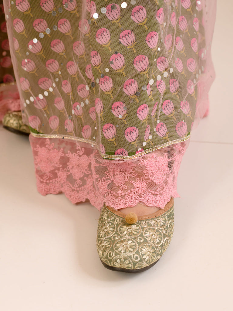 Girls Printed Ready to Wear Lehenga & Blouse With Dupatta (L-GREENPINK)
