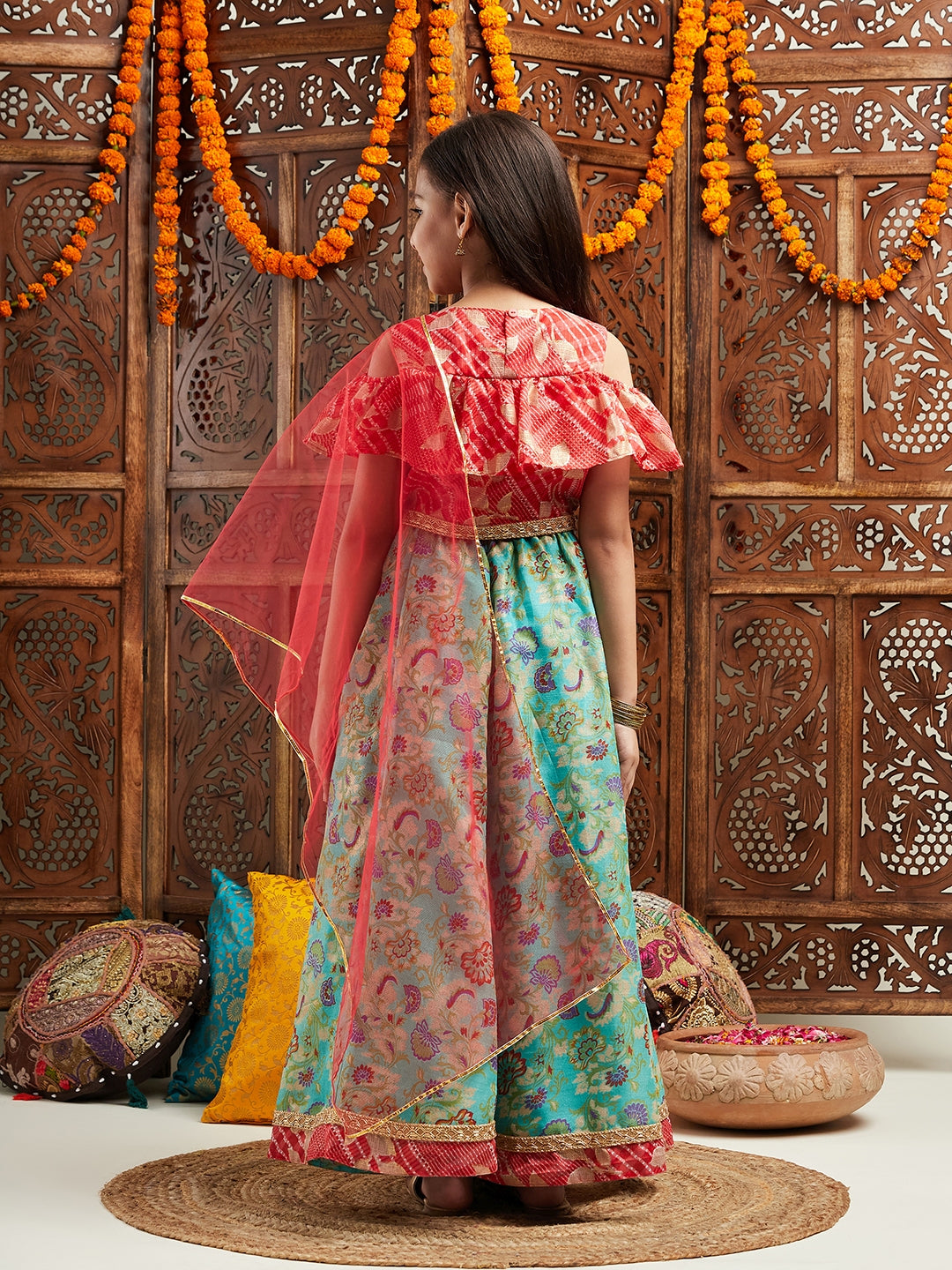 Pspeaches Girls Printed Cold-Shoulder Sleeves Ready to Wear Lehenga & Blouse With Dupatta (L-GREENREDMULTI)