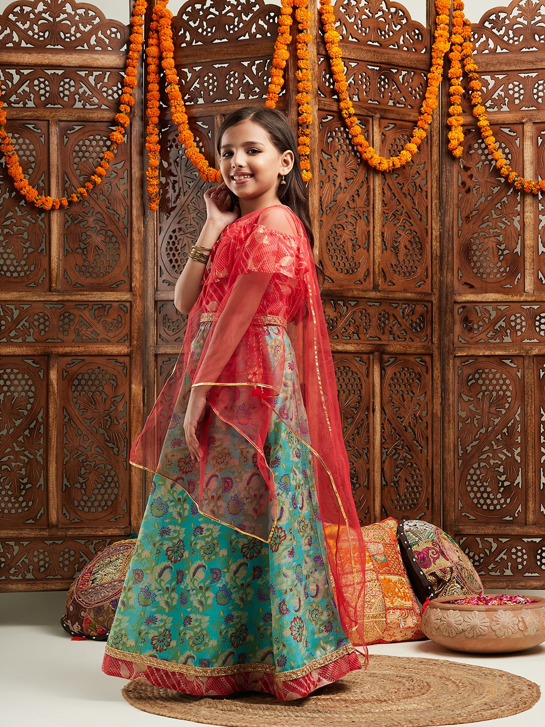 Pspeaches Girls Printed Cold-Shoulder Sleeves Ready to Wear Lehenga & Blouse With Dupatta (L-GREENREDMULTI)