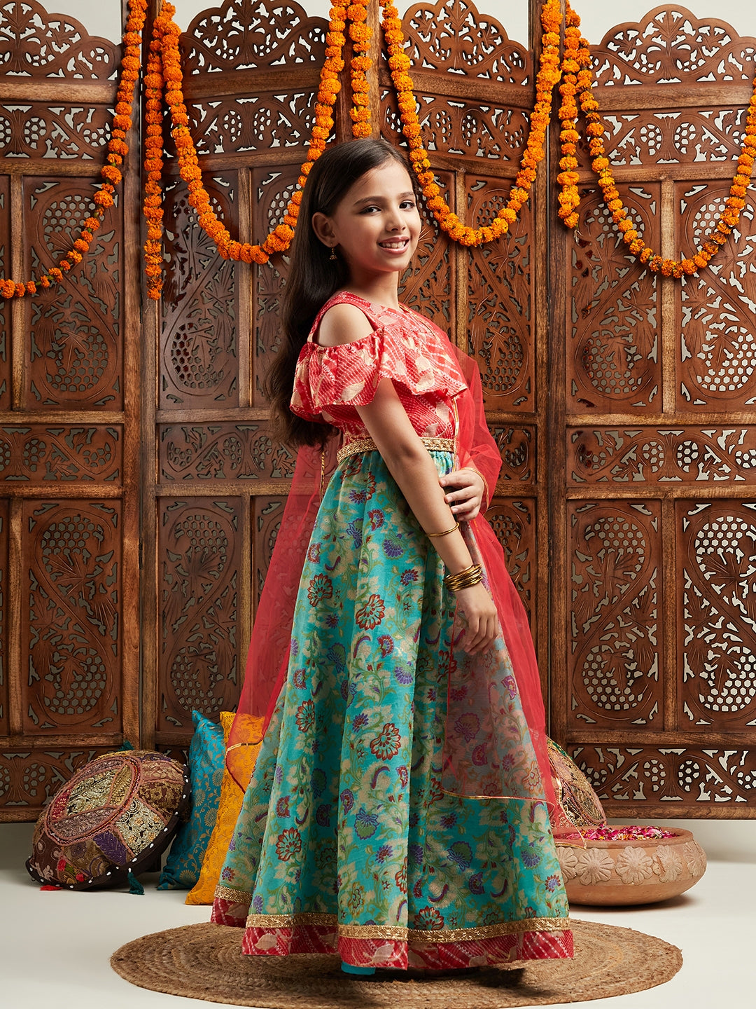Pspeaches Girls Printed Cold-Shoulder Sleeves Ready to Wear Lehenga & Blouse With Dupatta (L-GREENREDMULTI)