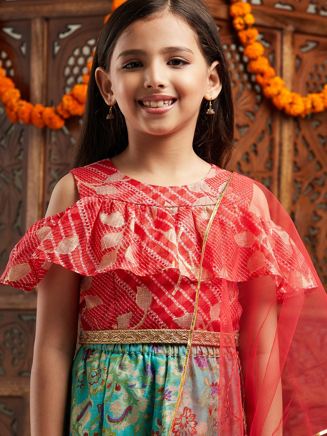 Pspeaches Girls Printed Cold-Shoulder Sleeves Ready to Wear Lehenga & Blouse With Dupatta (L-GREENREDMULTI)