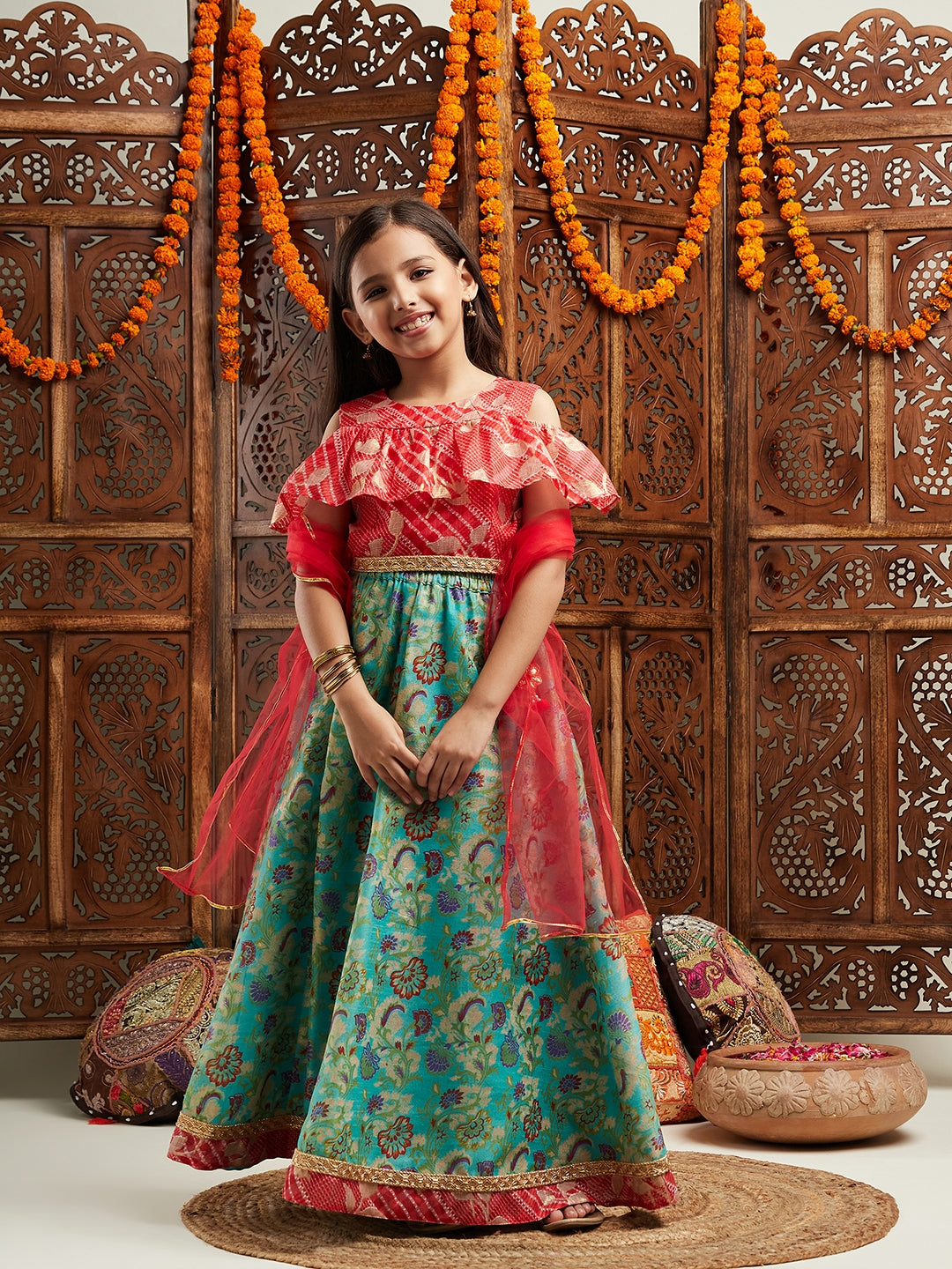 Pspeaches Girls Printed Cold-Shoulder Sleeves Ready to Wear Lehenga & Blouse With Dupatta (L-GREENREDMULTI)