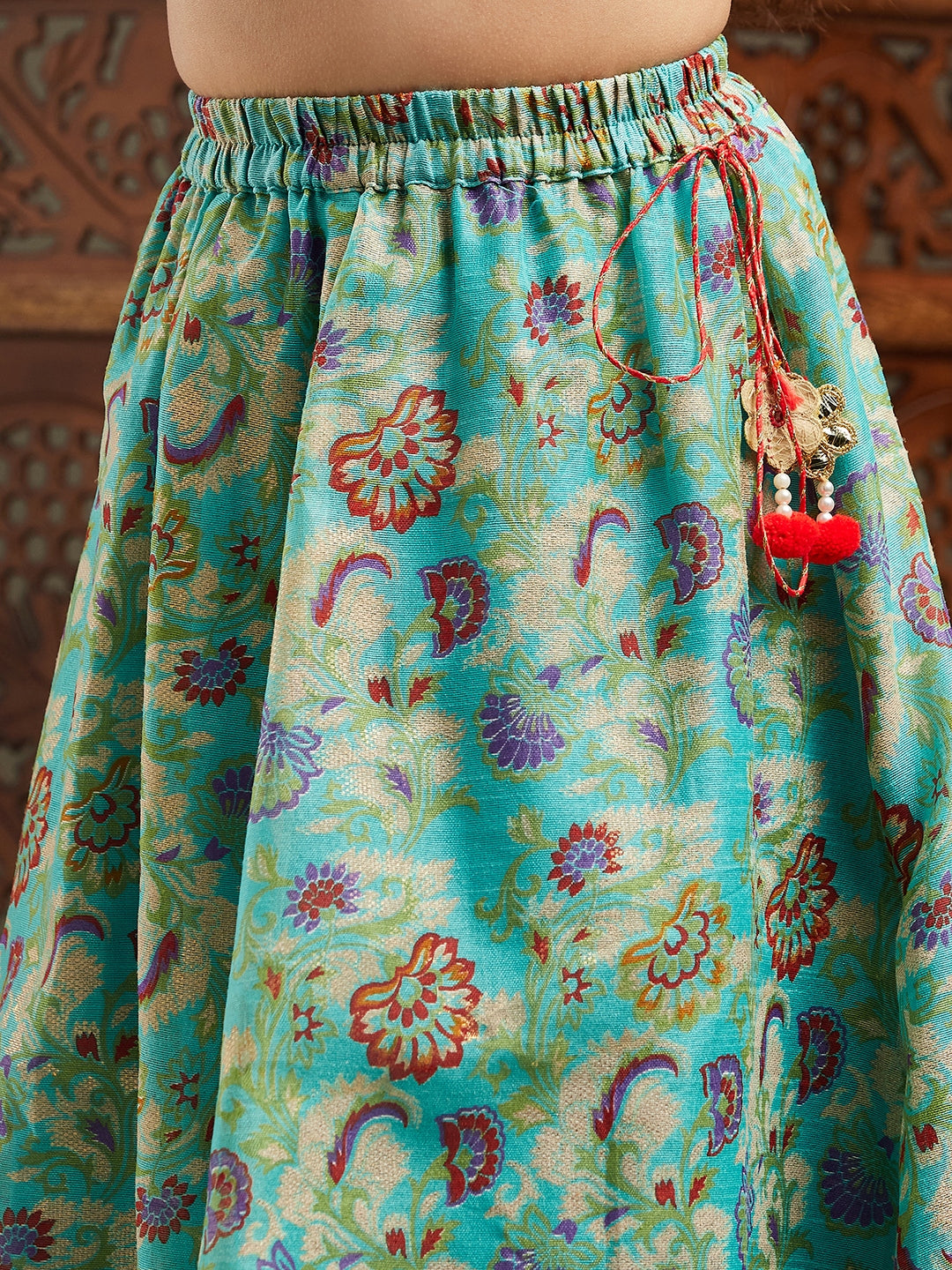 Pspeaches Girls Printed Cold-Shoulder Sleeves Ready to Wear Lehenga & Blouse With Dupatta (L-GREENREDMULTI)