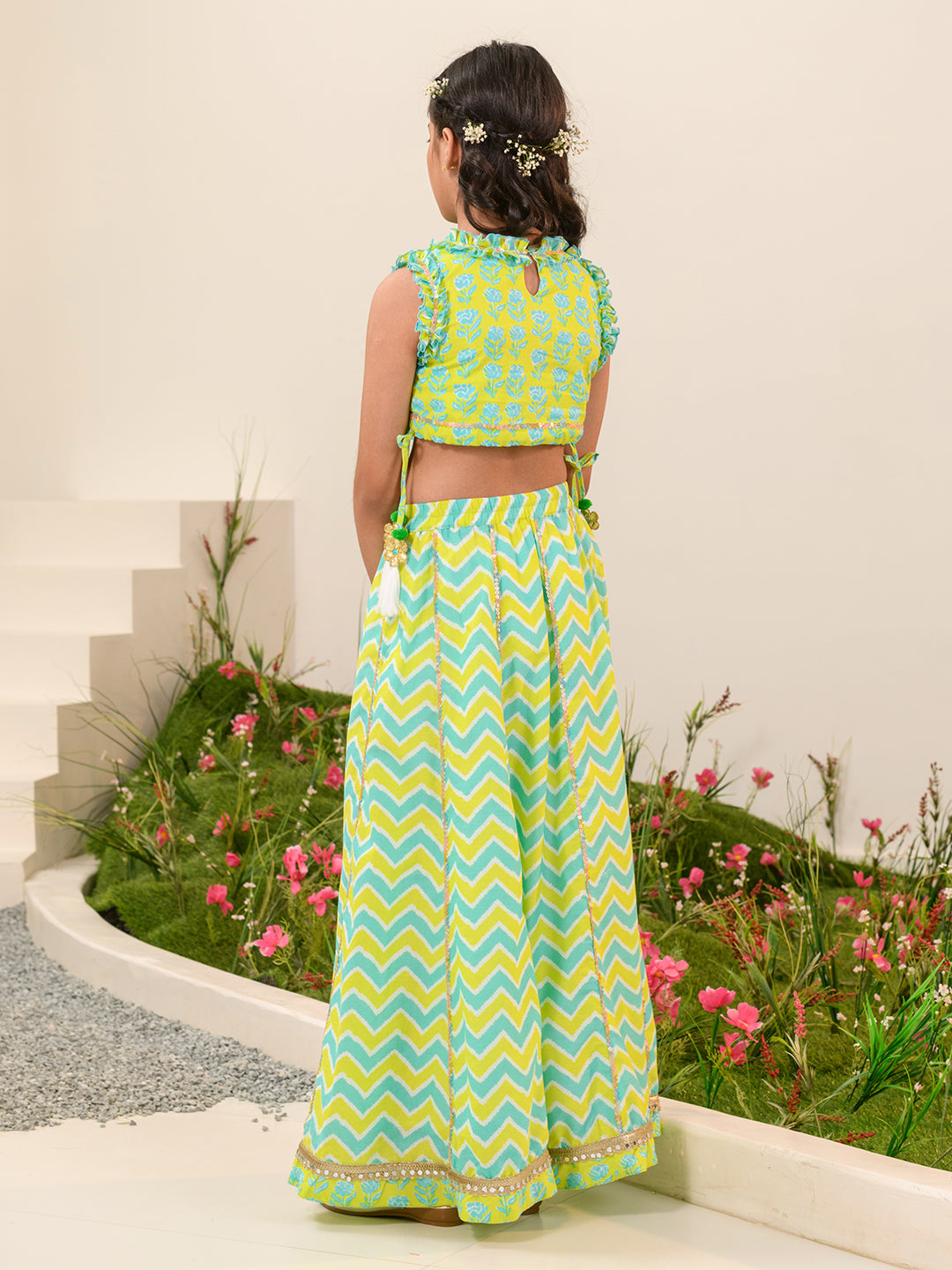 Girls Printed Ready to Wear Lehenga Choli (L-GREENZIGZAG)