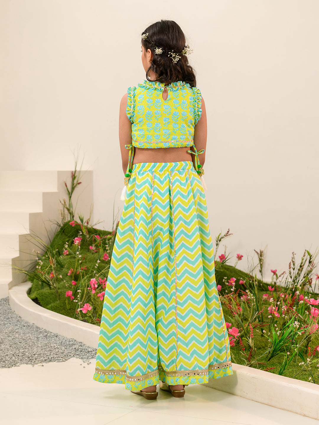 Girls Printed Ready to Wear Lehenga Choli (L-GREENZIGZAG)