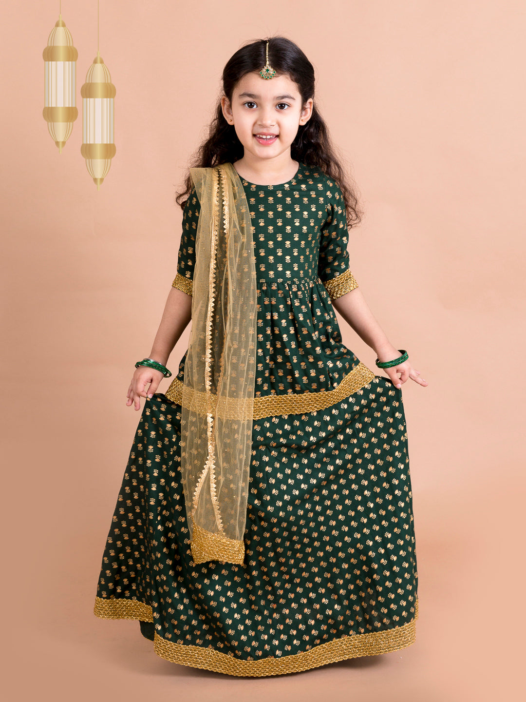 Girls Green & Gold-Toned Printed Ready to Wear Lehenga & Blouse With Dupatta (L-Greenbootifoil)