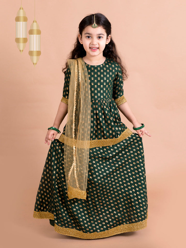 Girls Green & Gold-Toned Printed Ready to Wear Lehenga & Blouse With Dupatta (L-Greenbootifoil)
